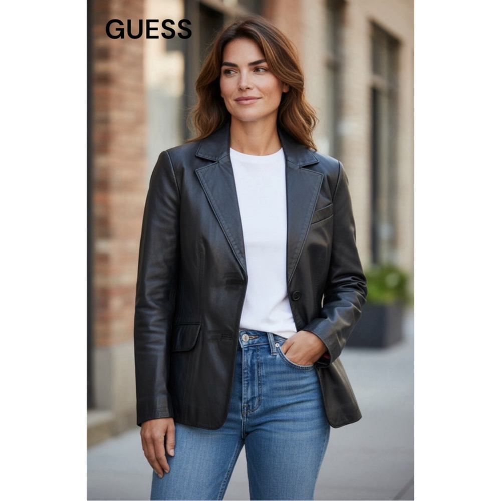GUESS Black 100% Leather Blazer Jacket with Pink Lining Small